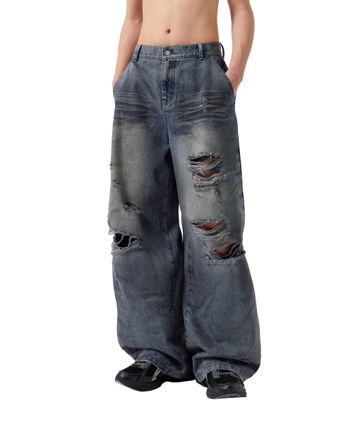 Dirty Washed Destroyed Denim Pants - BLUE