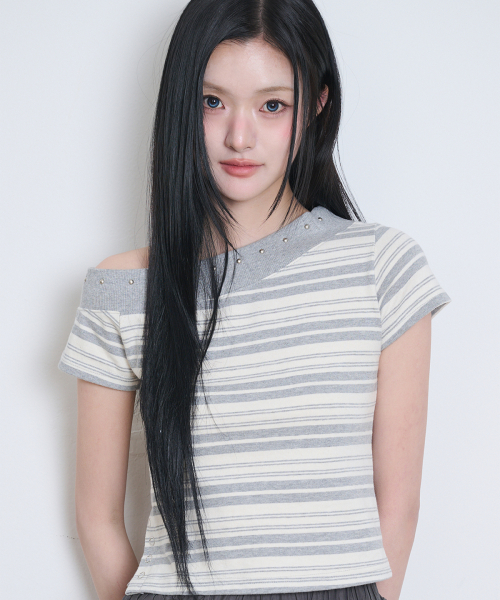 One Shoulder Stud Stripe Top Gray Ivory