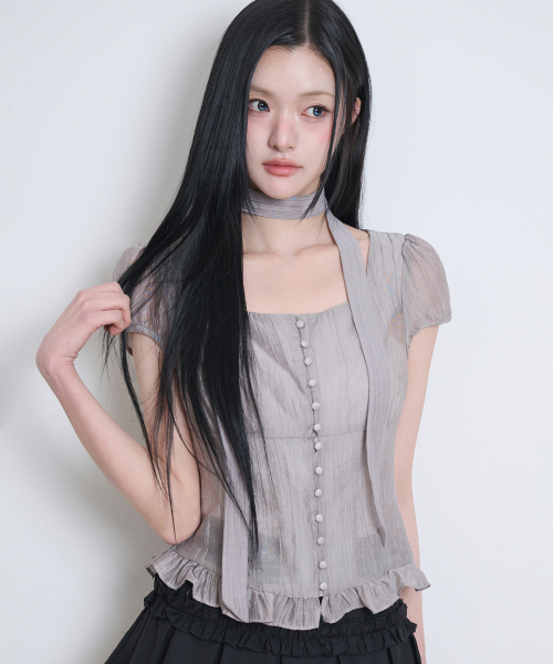 Ribbon Tie Square Neck Blouse - Gray