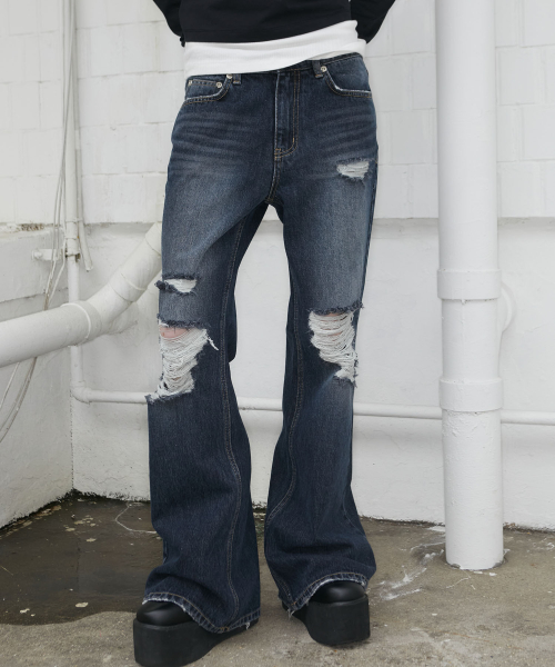 Destroyed Flared Jean (DEEP BLUE)