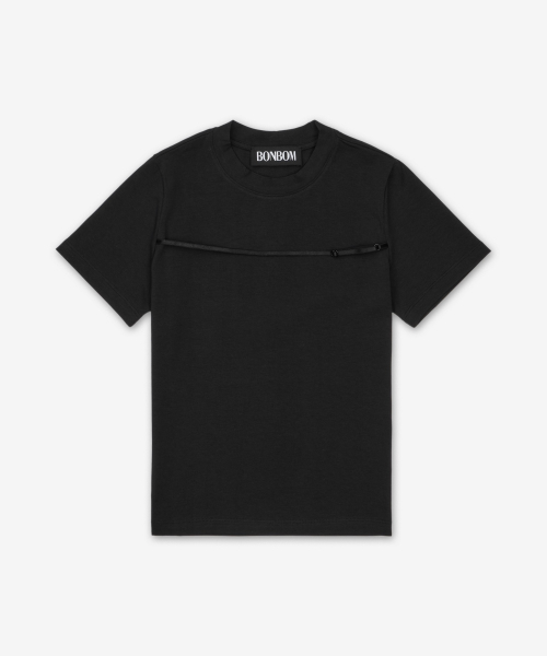 란제리 스트랩 타이트 반소매 티셔츠 - 블랙 / BPT25TSHIRT171