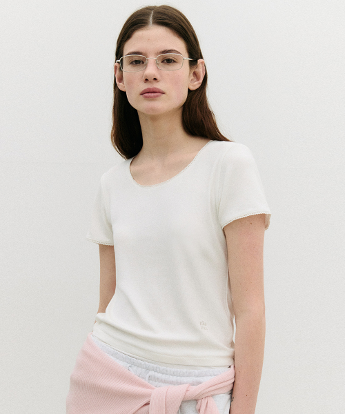 NUBASIC LACE RIBBED T-SHIRT WHITE