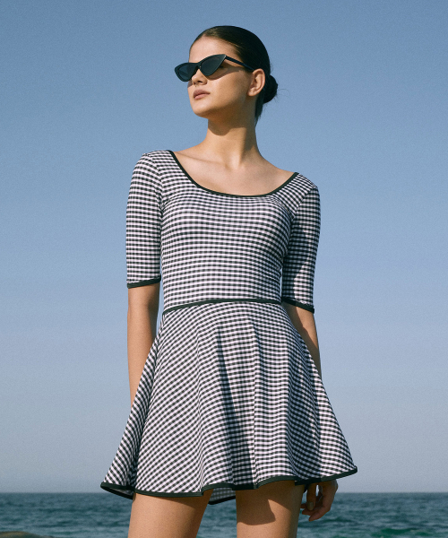 Gingham Check Flare Swim Skirt-2color