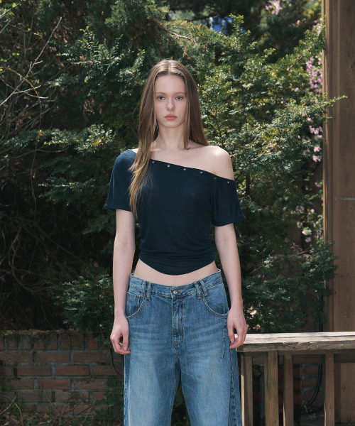Harry Button Unbal Shirring Short Top (Cool Charcoal)