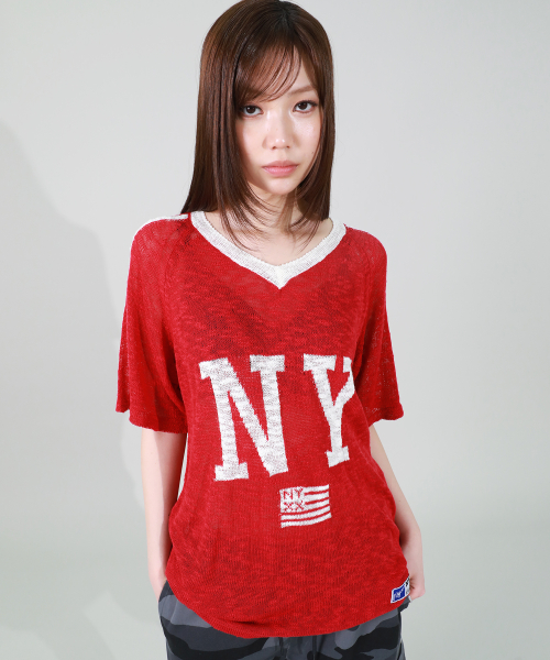 NY FLAG V-NECK KNIT RED