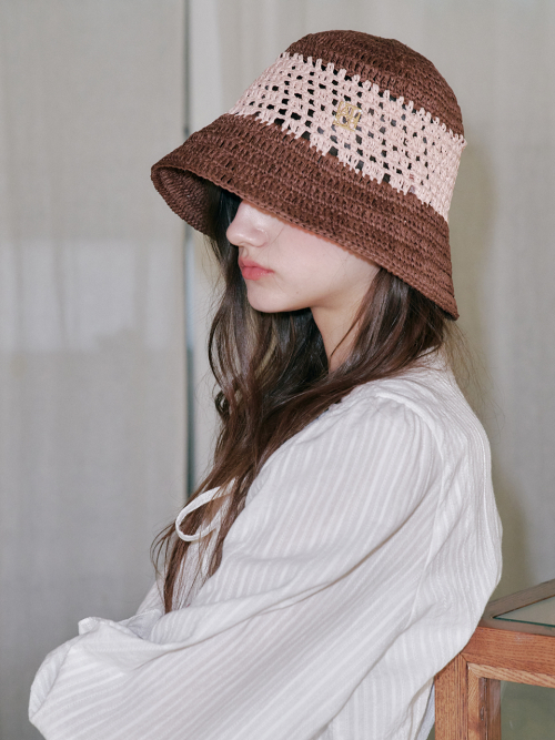 Color Block Paper Crochet Hat (Brown & Pink )