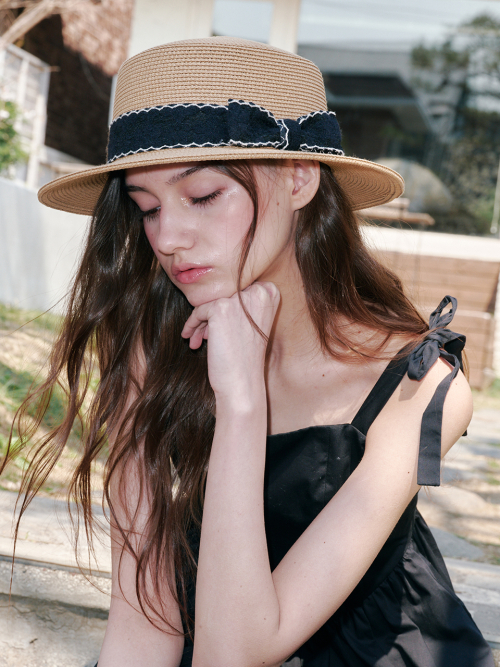 Wave Ribbon Boater Hat (Brown)
