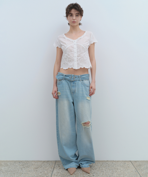 Belted Damage Wide Jeans [Washed Blue]