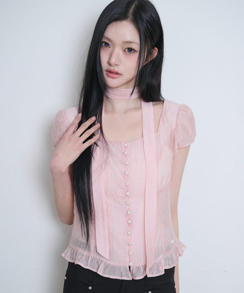 Ribbon Tie Square Neck Blouse Pink