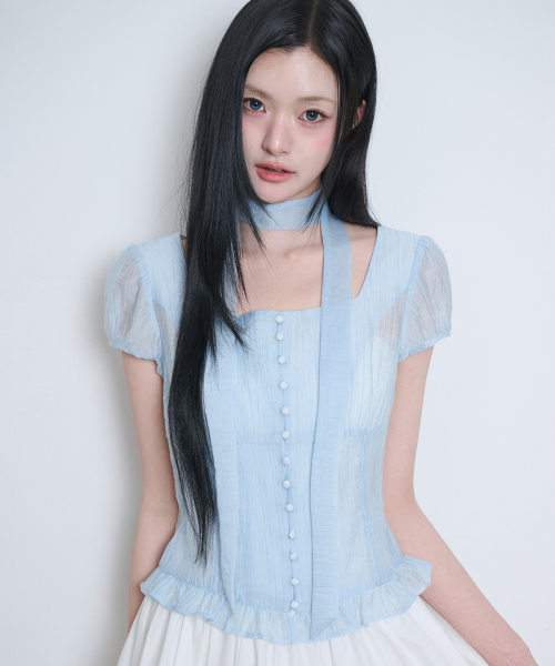 Ribbon Tie Square Neck Blouse Blue