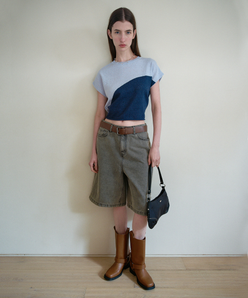TWO TONE DRAWSTRING KNIT TOP - BLUE