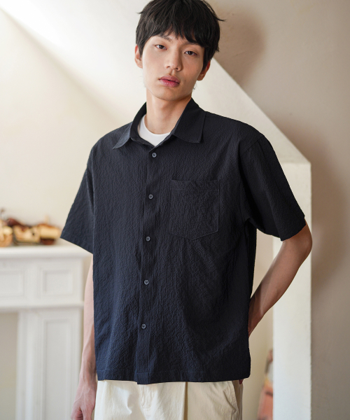 Minimal Crop Check Short Sleeved Shirt Navy KJSS2641