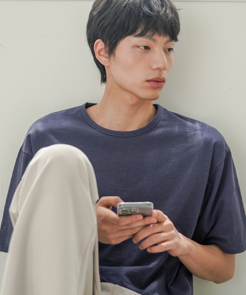 Slub Half U Neck Short Sleeved T Shirt Navy OYST2636