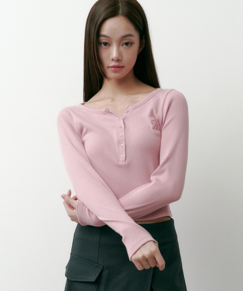 골지 헨리넥 긴팔 티셔츠 핑크 4W2511001