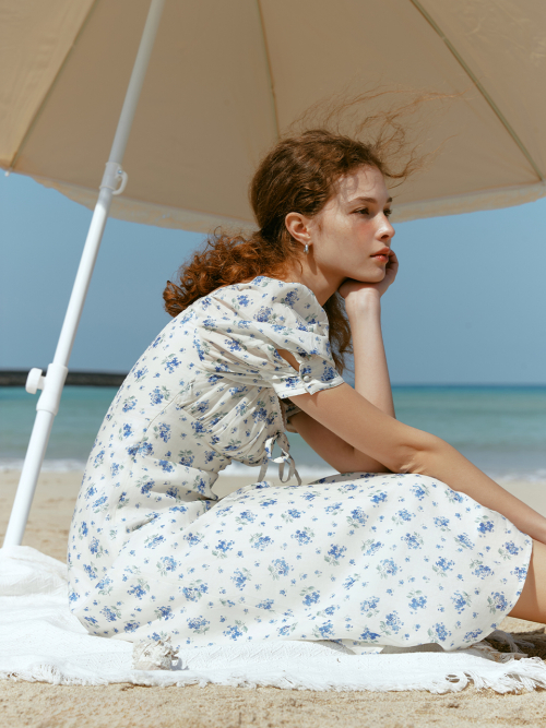 RIONA flower puff sleeve dress_BLUE