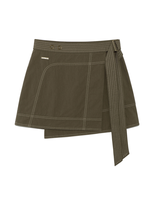 STITCH POINT BELTED WRAP SKIRT IN KHAKI