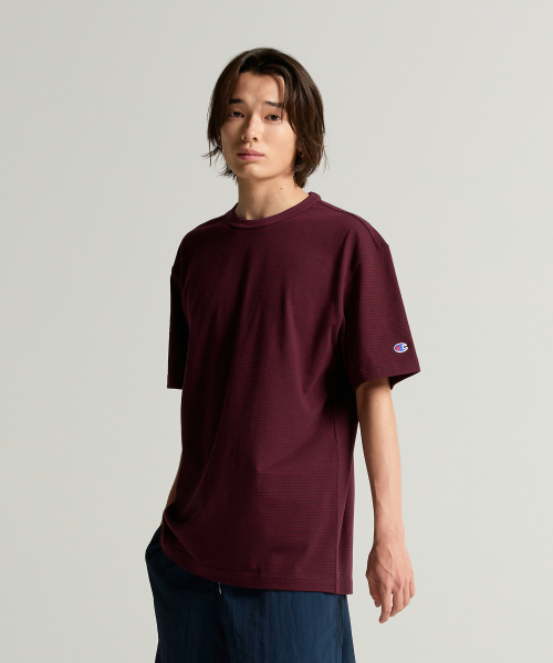 C로고 스트라이프 반팔 티셔츠 Burgundy