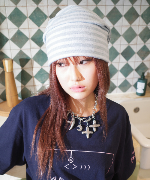 OVERSIZED STRIPE BEANIE LIGHT BLUE