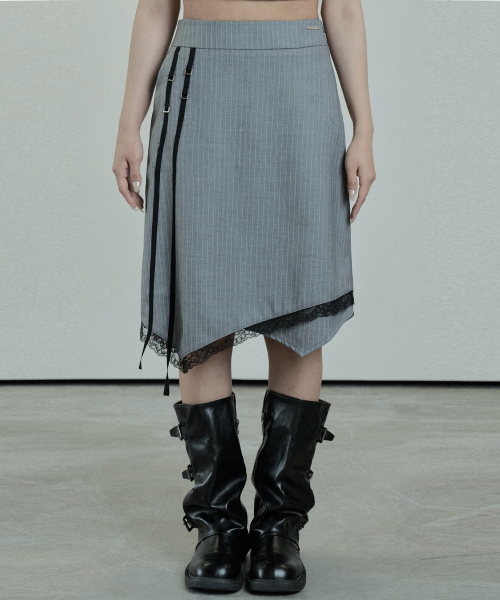 Stripe Lace MIdi Skirt (Gray)