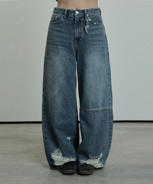 Hem Damage Keyring Wide Denim Pants (Blue)