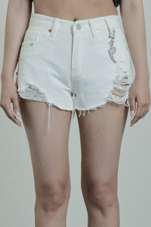 Rivet Damage Keyring Shorts pants (White)