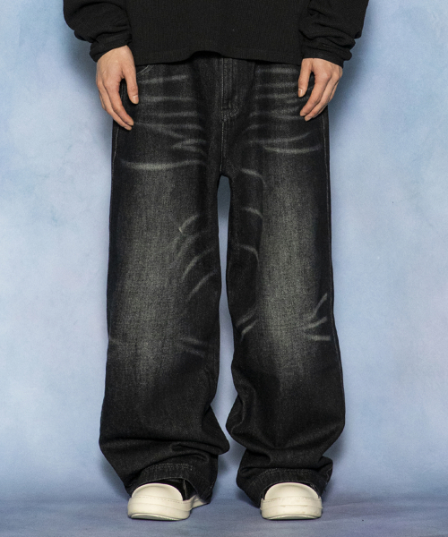 GP110 그림 펑크 워싱 데님 팬츠 (BLACK)