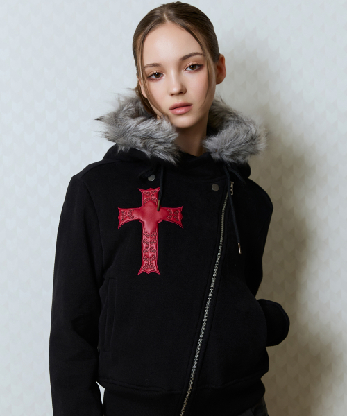 GT FUR UNBALANCE HOOD ZIP UP(BLACK)