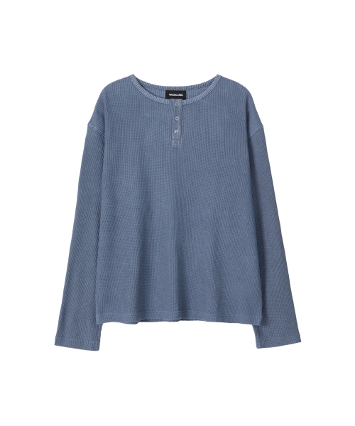 Layered Loose Waffle Henley Neck Long Sleeve Tee - FADE NAVY