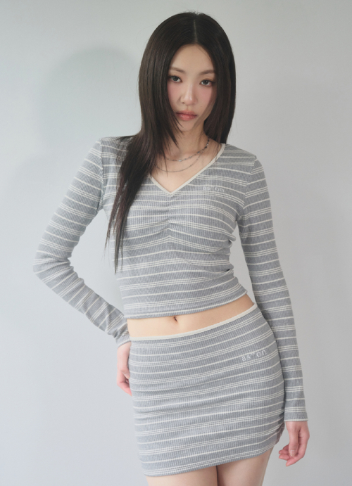 BUMBLE STRIPE SHIRRING TEE / GRAY