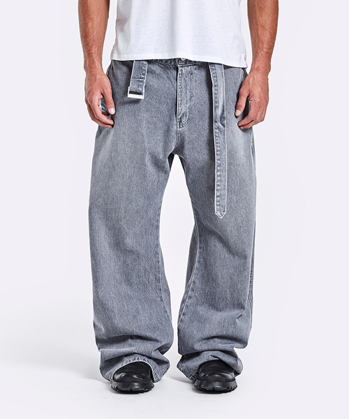 Belted Denim Pants - Grey