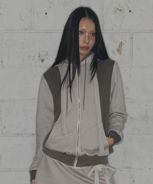 DYE-WASH LAYERED HOODED ZIP-UP (BROWN) F25ZA009