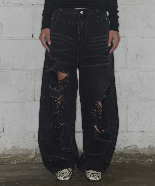 WASHED DAMAGE DENIM PANTS (BLACK) F25ZD979