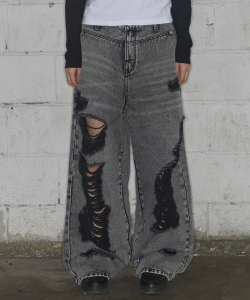 WASHED DAMAGE DENIM PANTS (GRAY) F25ZD979