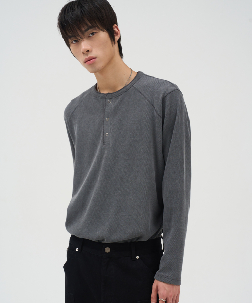 Stitch Waffle Henley Neck CHARCOAL