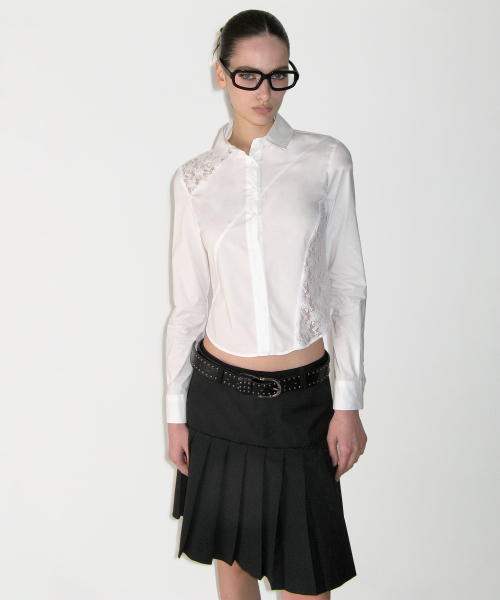 Lace Asymmetric Fitted Shirt, WHITE