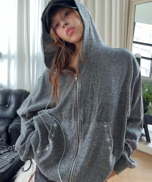 C HOODED KNIT ZIP-UP_GREY