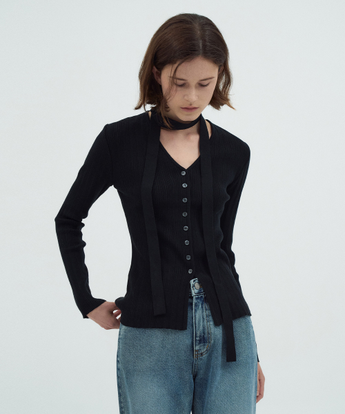Scarf Ribbed Cardigan[LMBEAUKN285]-3color