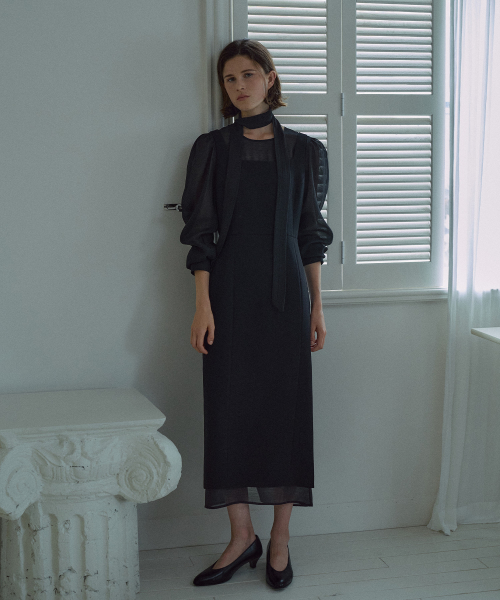 Sheer Layered Tie Dress[LMBFCO25DR803]-Black