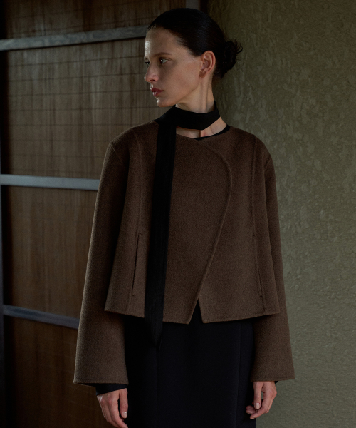 Curve Detail Short Handmade Jacket[LMBEWI23CT701]-Brown Melange