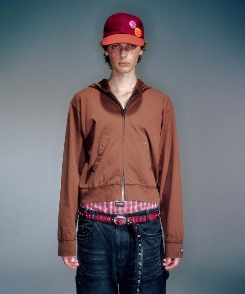 MEN CAPPY STUD HOODIE ZIP-UP BROWN