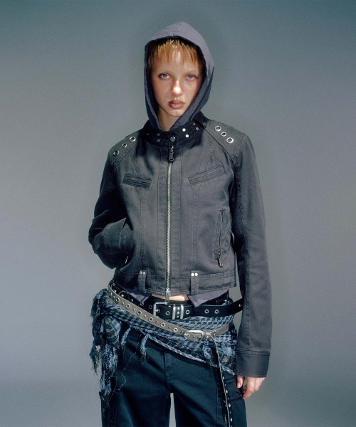 WOMEN LEWIS RIDER EYELET JACKET CHARCOAL