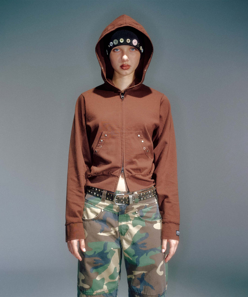 WOMEN CAPPY STUD HOODIE ZIP-UP BROWN