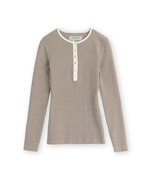 W Henley Neck Long Sleeve, Brown Stripe