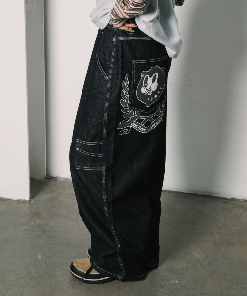 2-PIECE POCKET BELT DENIM PANTS BLACK WASHED