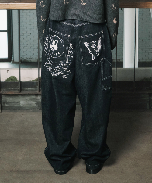 2-PIECE POCKET BELT DENIM PANTS BLACK WASHED