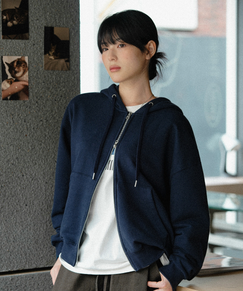 Daycut Crop Overfit Hood Zip Up Navy KJHD2650