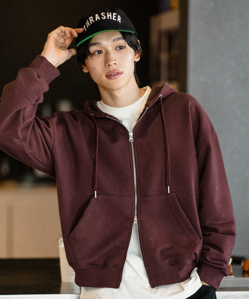 Daycut Crop Overfit Hood Zip Up Brickred KJHD2650