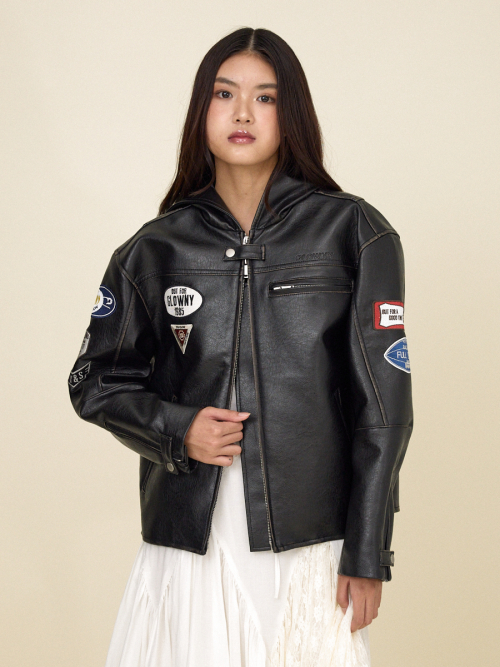 RACER HOODED LEATHER JACKET (BLACK)