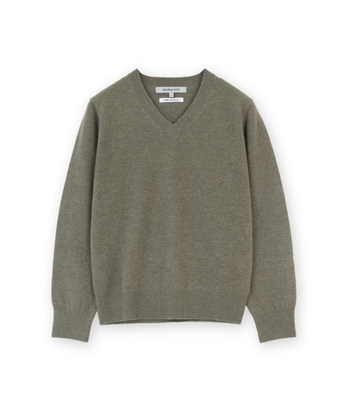 W EXTRA SUPER FINE V NECK KNIT, OLIVE GREY