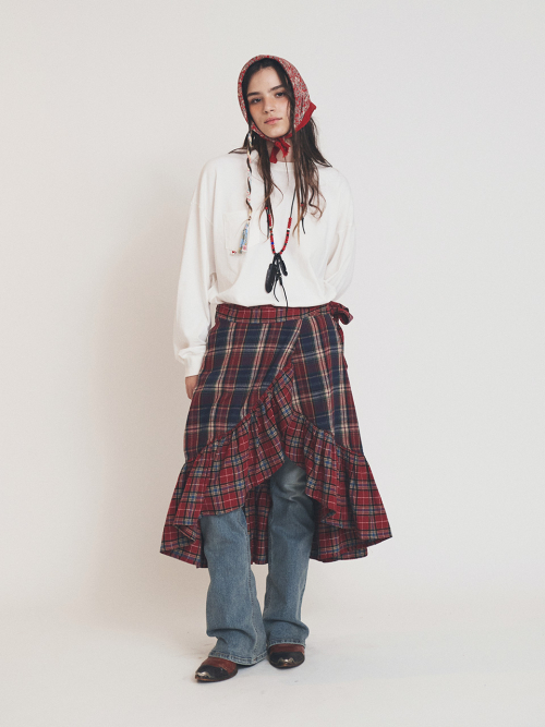 MIX CHECK WRAP SKIRT RED